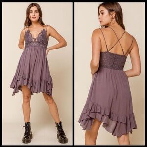 Free People One Adella Slip Dress Elegant Gray Lace Trim Dress Size Small